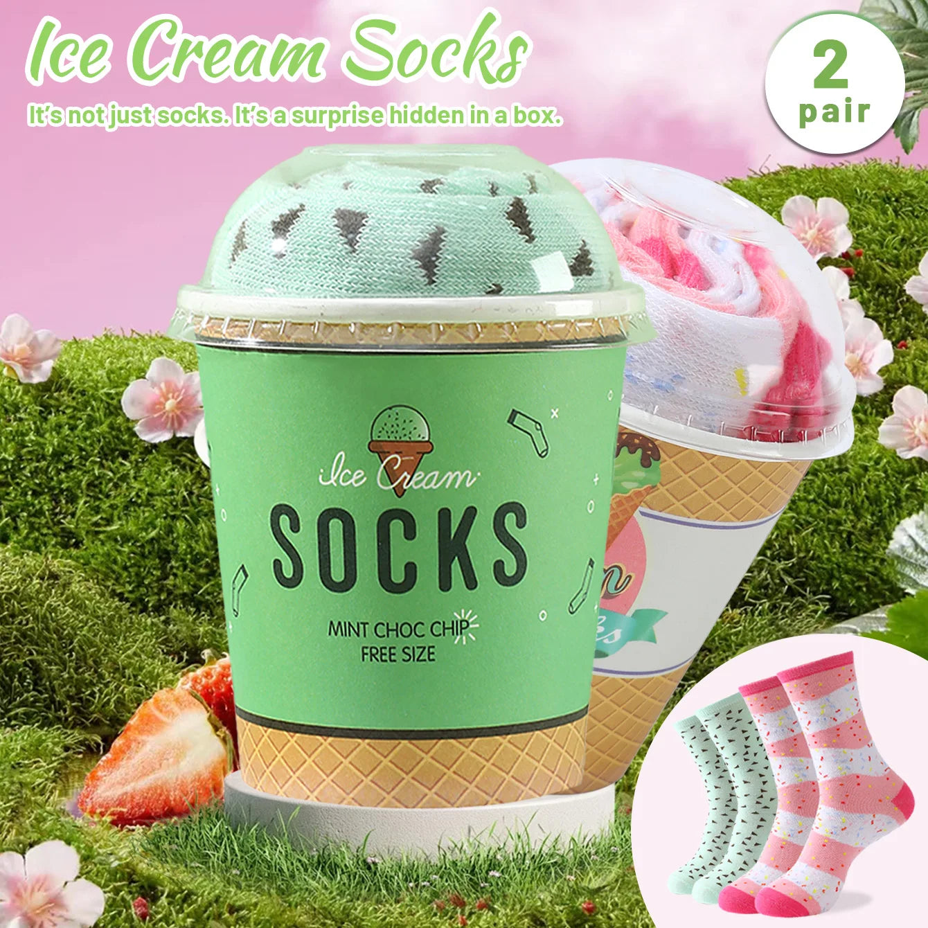 2 Pairs of Mid-Calf Men's Socks, Suitable for Both Men and Women, Novelty and Fun, Colorful Ice Cream Gift Box Socks, European and American Fashion Trend Style, Comfortable and Breathable, Party Casual Novelty Gifts, Valentin