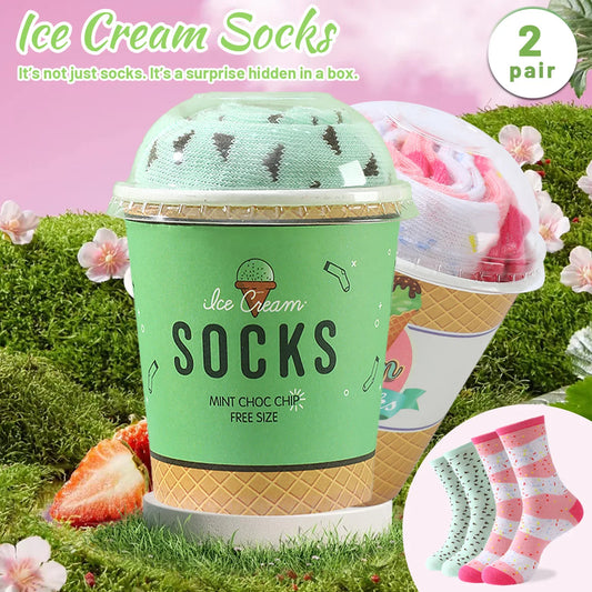 2 Pairs of Mid-Calf Men's Socks, Suitable for Both Men and Women, Novelty and Fun, Colorful Ice Cream Gift Box Socks, European and American Fashion Trend Style, Comfortable and Breathable, Party Casual Novelty Gifts, Valentin