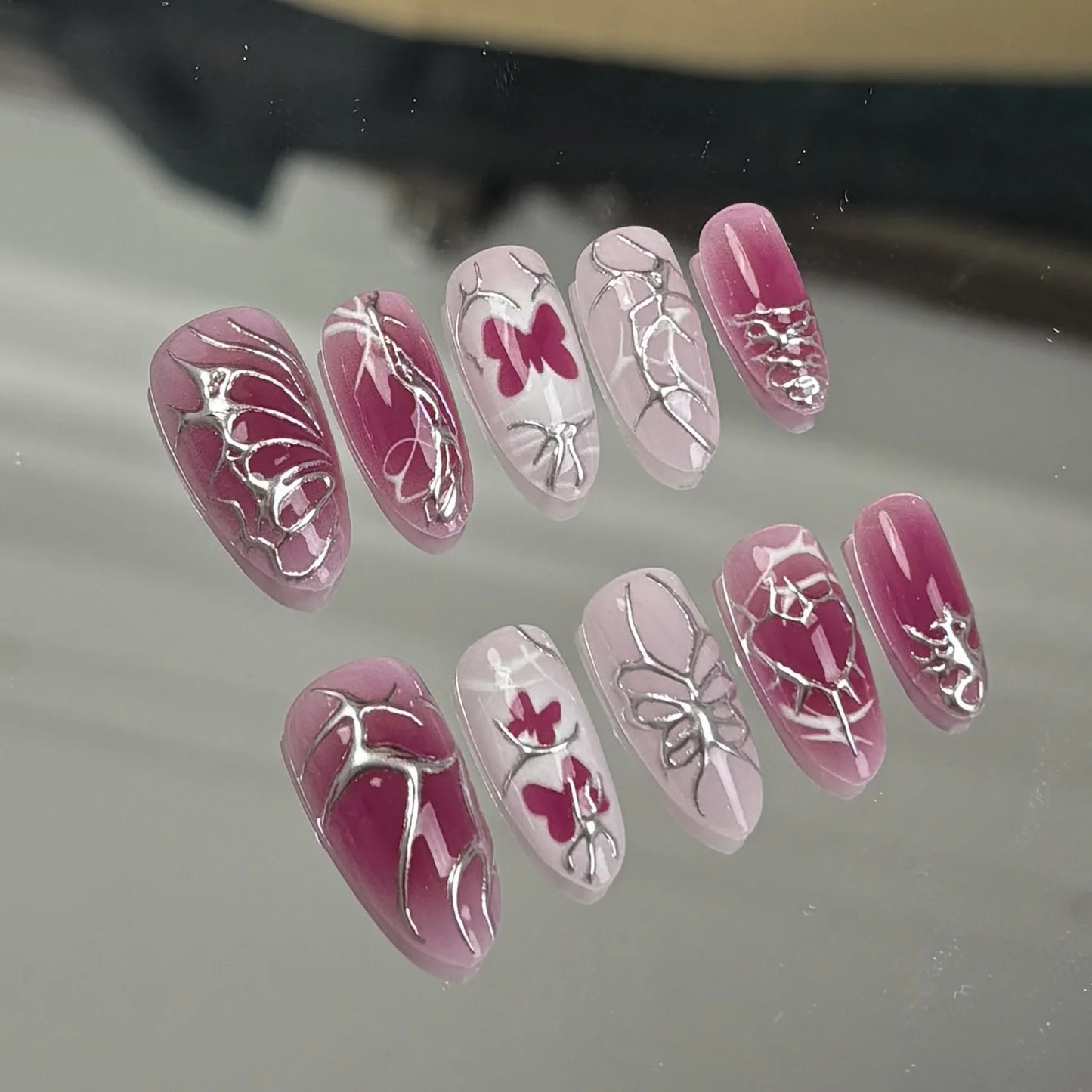 24PCS Medium Almond Press On Nails Wine Red Cute Cartoon Rabbit Bowknot Plaid Pearl False Nails Kawaii Nails Full Cover Wearable