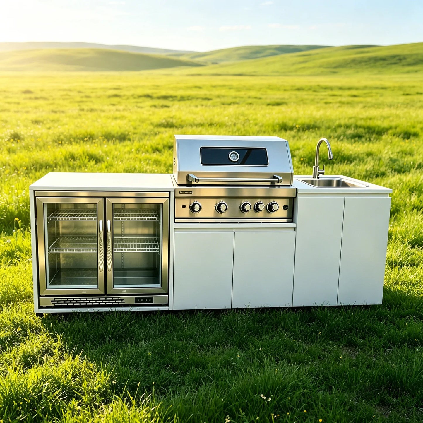 Stainless Steel Outdoor Kitchen With BBQ And Fridge With Grill Cooktop Sink Fridge Rolling Movable On Wheels For Backyard Patio