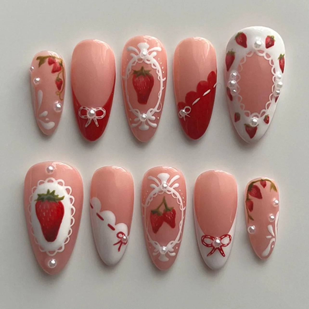 24PCS Medium Almond Press On Nails Wine Red Cute Cartoon Rabbit Bowknot Plaid Pearl False Nails Kawaii Nails Full Cover Wearable