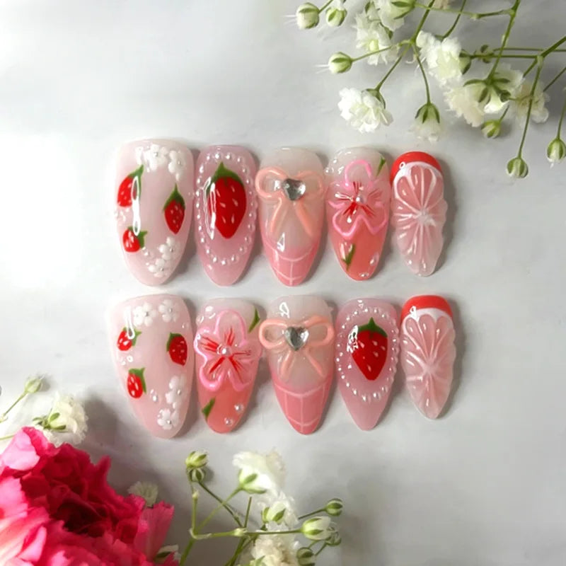 24PCS Medium Almond Press On Nails Wine Red Cute Cartoon Rabbit Bowknot Plaid Pearl False Nails Kawaii Nails Full Cover Wearable