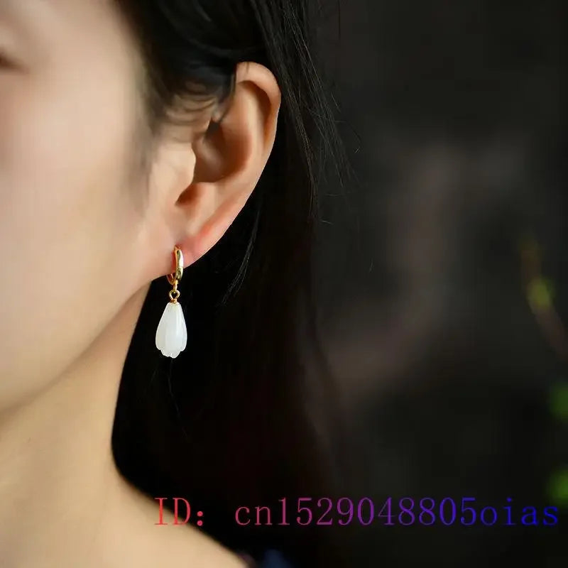White Jade Magnolia Earrings Gemstone Zircon Natural Women Crystal Charm Chalcedony Gifts Amulet Lucky Jewelry Fashion