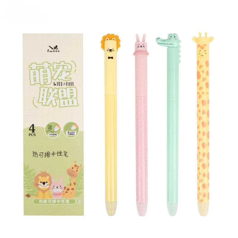 4Pcs Zoo Animal Theme Erasable Pens Blue Ink Gen Pen Quick-dry Smooth Writing Pen with Built-in Eraser Back-to-School Supplies