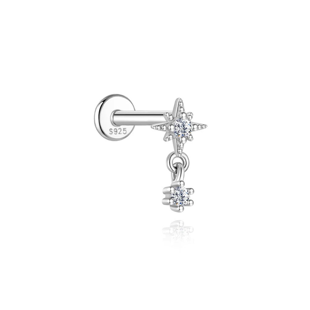 CANNER 1PC Moissanite Spherical Vertical Eight-pointed Star Piercing Earrings 925 Sterling Silver Jewelry Valentine's Day Gift