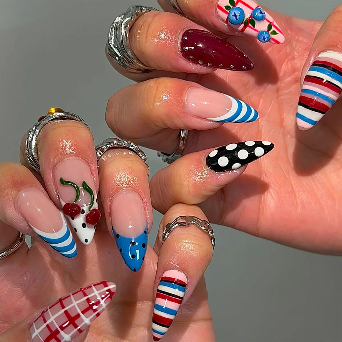 24PCS Medium Almond Press On Nails Wine Red Cute Cartoon Rabbit Bowknot Plaid Pearl False Nails Kawaii Nails Full Cover Wearable