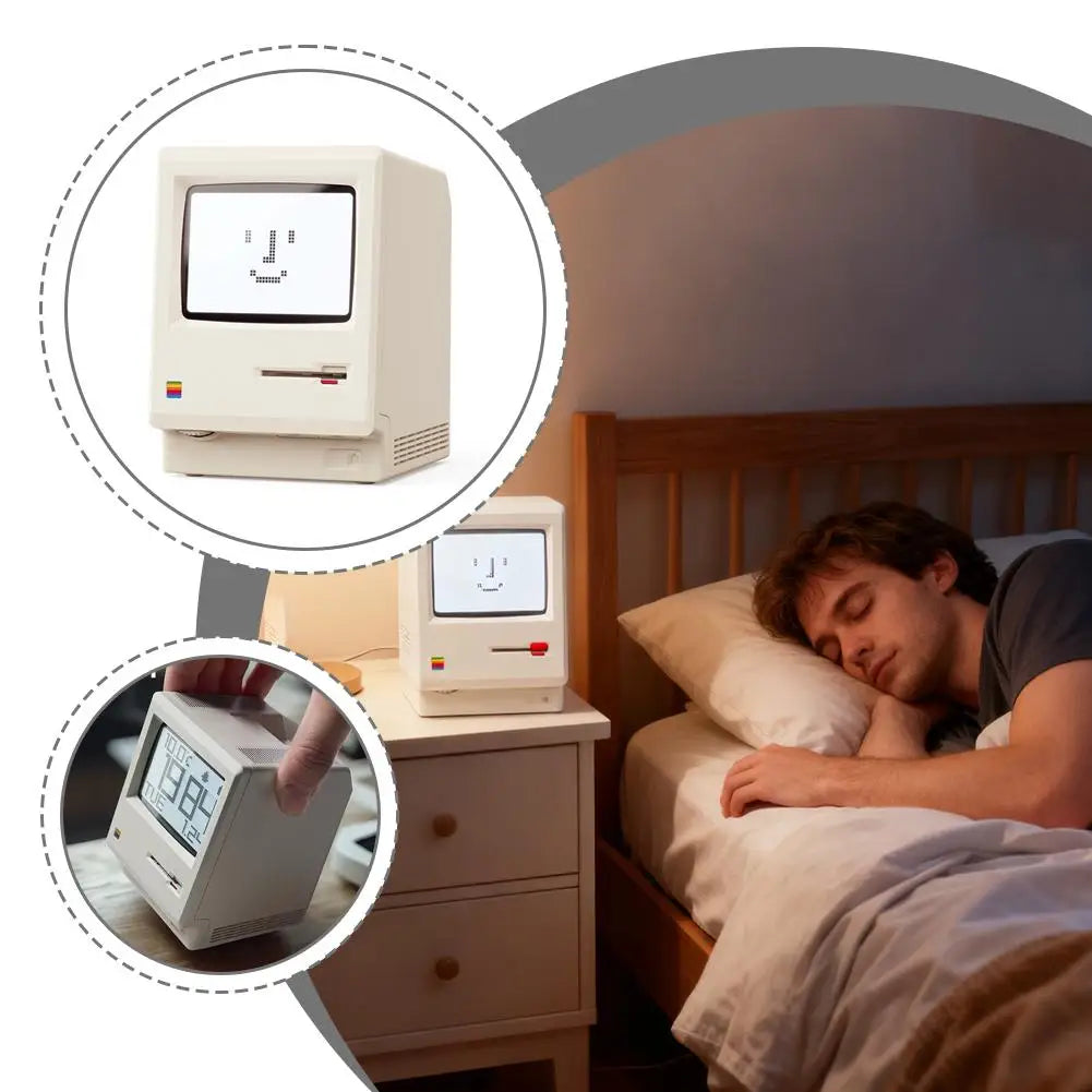Retro Macintosh Shaped LCD Electronic Alarm Clock with Backlight Desktop Calendar Digital Thermometer Clock Snooze Table Clock