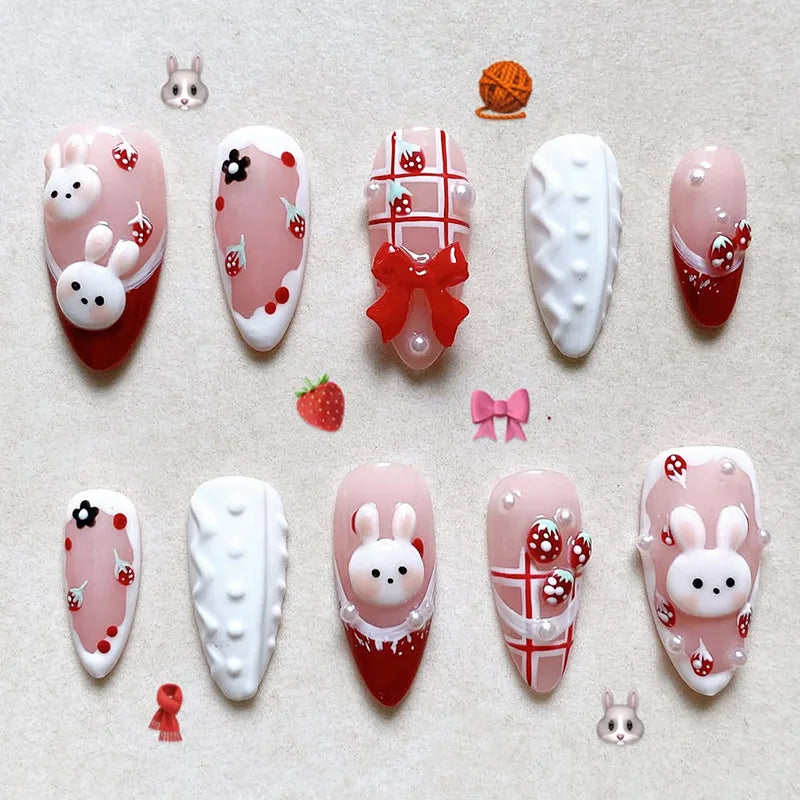 24PCS Medium Almond Press On Nails Wine Red Cute Cartoon Rabbit Bowknot Plaid Pearl False Nails Kawaii Nails Full Cover Wearable