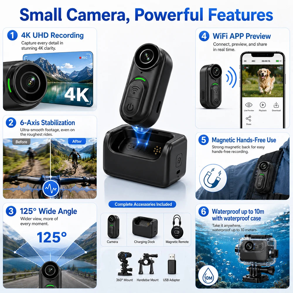 Compact Waterproof 4K Mini Body Camera 6-Axis Stabilized Thumb Cam for Outdoor Sports & Travel Recording