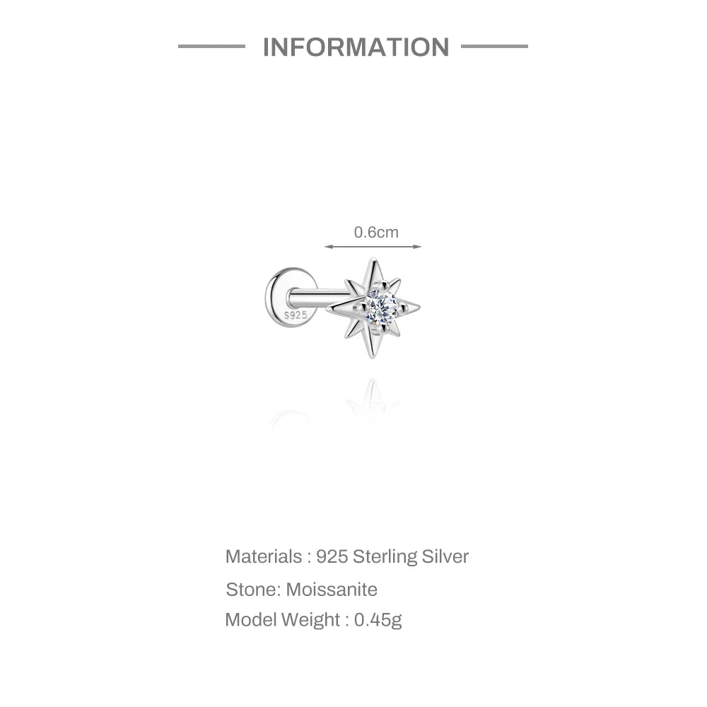 CANNER 1PC Moissanite Spherical Vertical Eight-pointed Star Piercing Earrings 925 Sterling Silver Jewelry Valentine's Day Gift