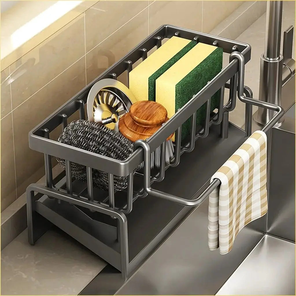 No-Punch ABS Kitchen Sink Shelf with Hooks Multifunctional Faucet Drainage Rack Adhesive Tap Organizer for Spice & Rag Storage ﻿