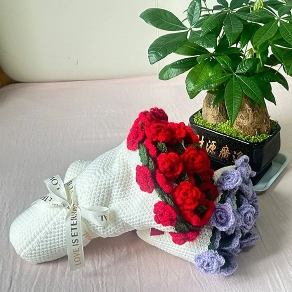 Creative Crochet Rose Bouquet Blanket Fashion Finished Rose Nap Blanket Soft Flower Hugging Blanket Valentine's Day Blanket