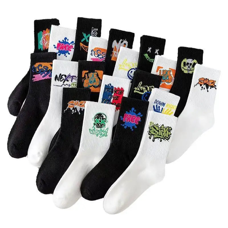 Couple long socks, sports cotton socks, ins student basketball socks, breathable and odor-resistant, black and white men's mid-c