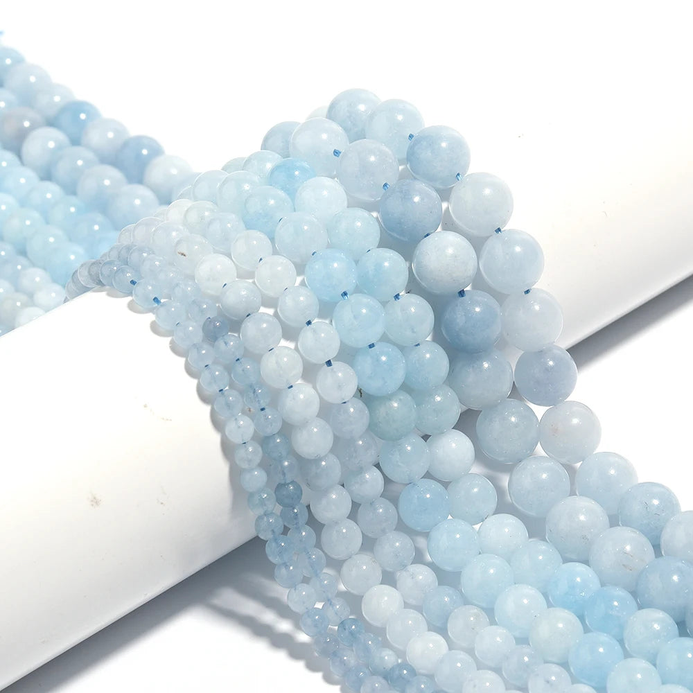 Natural Aquamarines Stone Beads Blue Round Gemstone Bead for DIY Bracelet Necklace Charms Jewelry Making Beaded Accessories