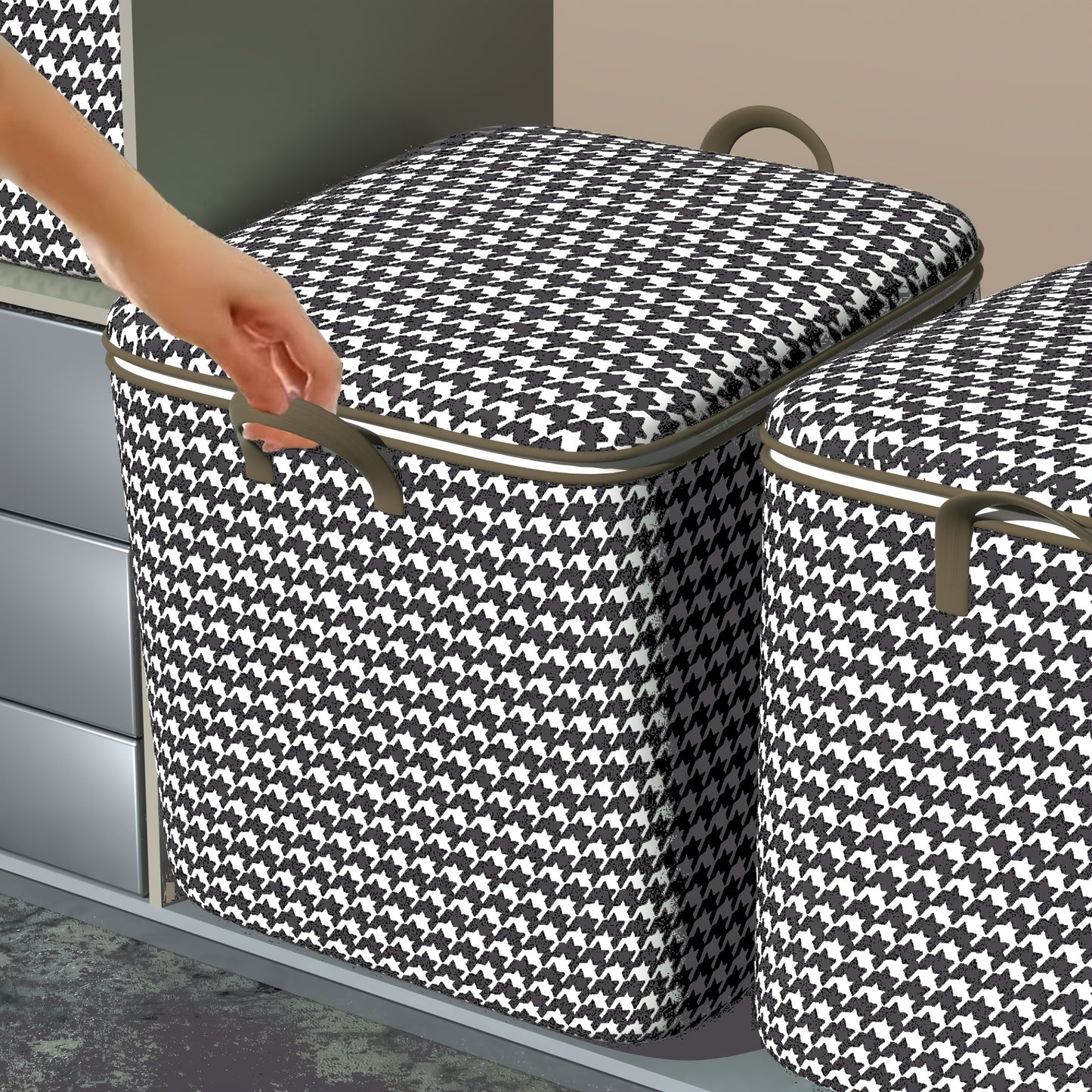 Large Capacity Houndstooth Print Storage Box with Zipper Closure - Dustproof, Foldable Organizer for Clothes, Blankets, and Bedding - Ideal for Home, College, or Travel Essentials, Travel Essentials Organizer|Houndstooth Patt