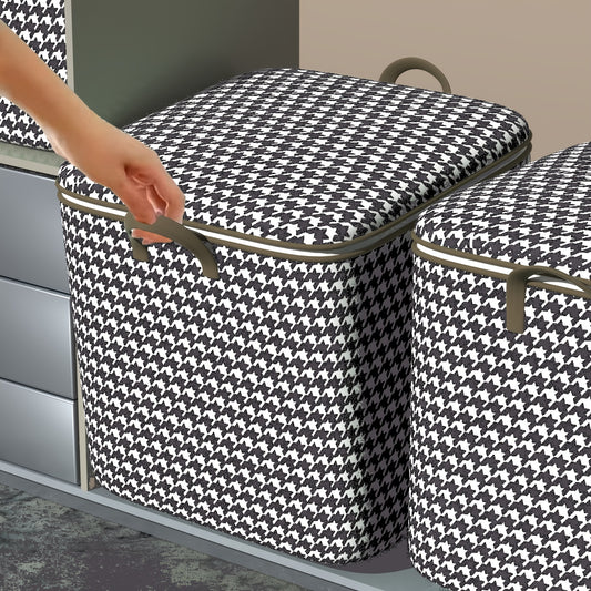Large Capacity Houndstooth Print Storage Box with Zipper Closure - Dustproof, Foldable Organizer for Clothes, Blankets, and Bedding - Ideal for Home, College, or Travel Essentials, Travel Essentials Organizer|Houndstooth Patt