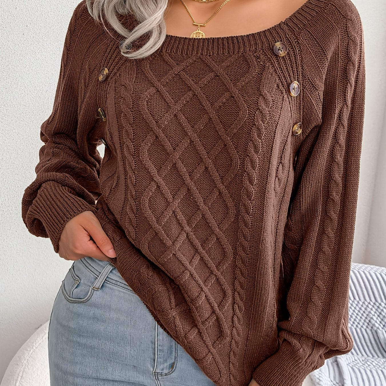 [Texture Lantern Sleeve Sweater] Round Neck Texture Lantern Sleeve Women's Sweater - Button Sweater
