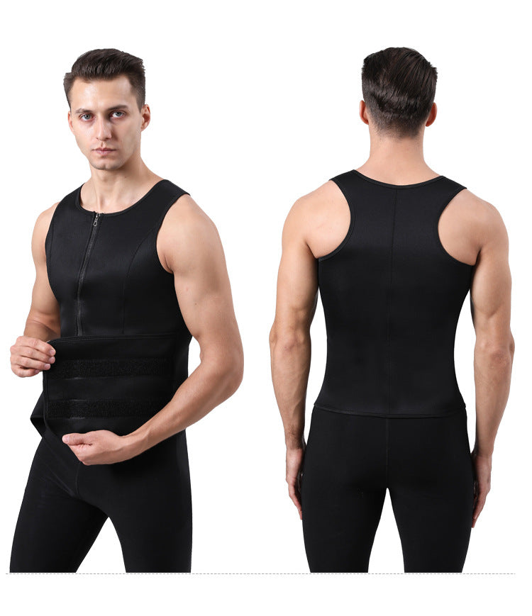 TKPARK Men's Adjustable Compression Tank Top & Waist Trainer - High-Elasticity Workout Shirt with Back Support, Sleeveless Gym Shaper Vest, Zipper Closure & Belt for Fitness Training, Fitness Compression Wear | Sleeveless Tan