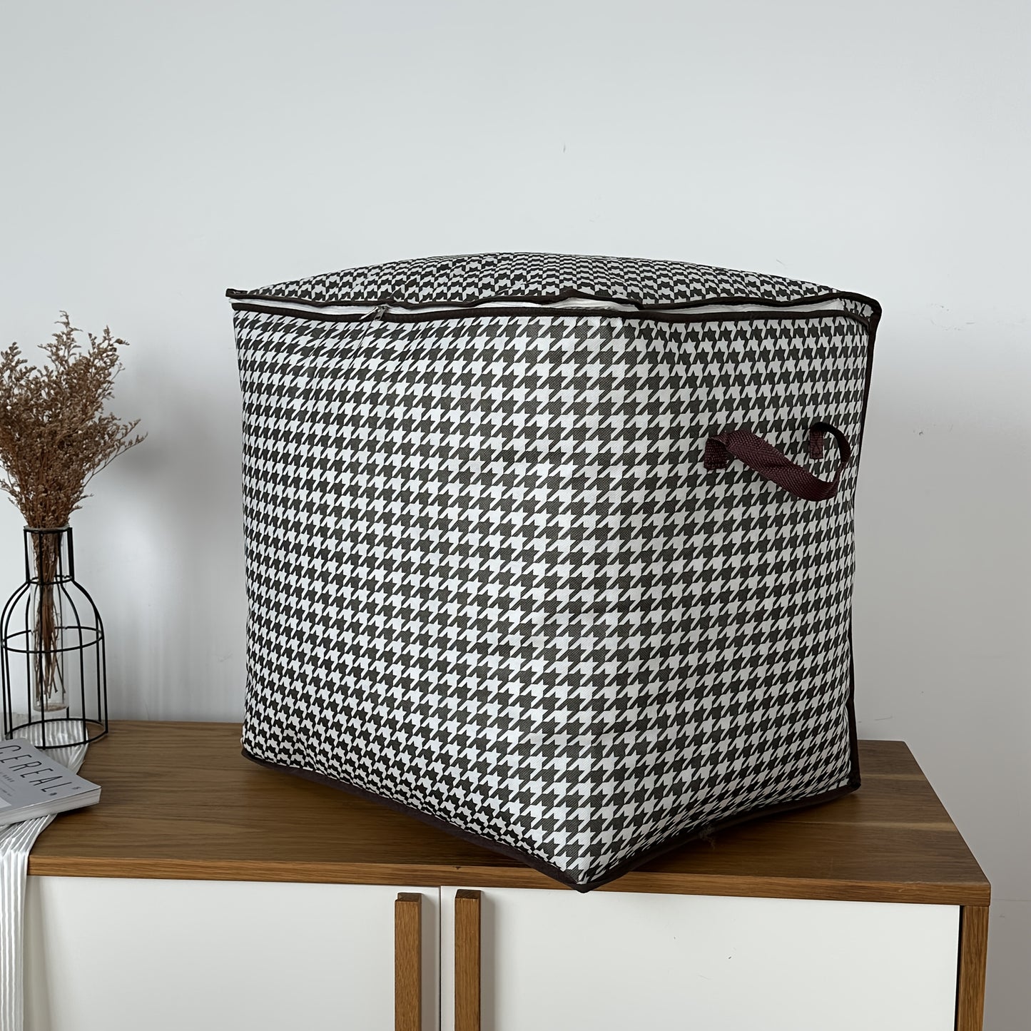 Large Capacity Houndstooth Print Storage Box with Zipper Closure - Dustproof, Foldable Organizer for Clothes, Blankets, and Bedding - Ideal for Home, College, or Travel Essentials, Travel Essentials Organizer|Houndstooth Patt