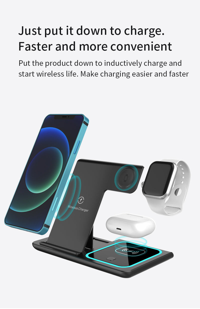 TIMESS-Wireless Charging Station 3-in-1 Standard 15W Fast Mag-Safe Charger Stand with QC3.0 Adapter, Suitable for iPhone 15 14 13 12 11 X 8 Pro Max/Pro/Mini/Plus, for iWatch Ultra 9/8 7/6/5/4/3/2, for Airpods 3/2