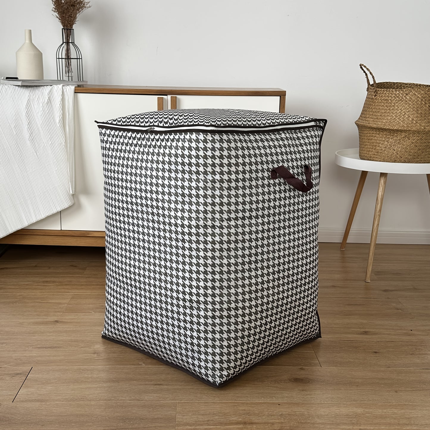 Large Capacity Houndstooth Print Storage Box with Zipper Closure - Dustproof, Foldable Organizer for Clothes, Blankets, and Bedding - Ideal for Home, College, or Travel Essentials, Travel Essentials Organizer|Houndstooth Patt