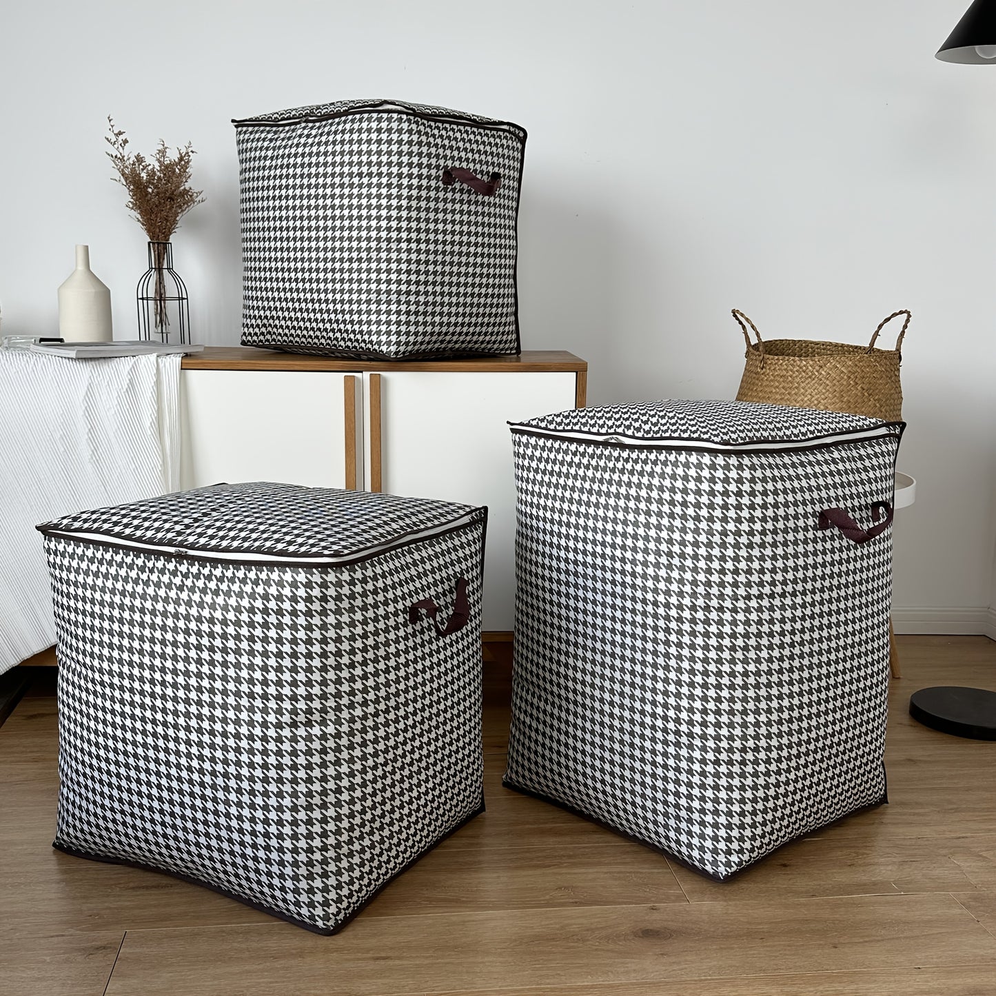 Large Capacity Houndstooth Print Storage Box with Zipper Closure - Dustproof, Foldable Organizer for Clothes, Blankets, and Bedding - Ideal for Home, College, or Travel Essentials, Travel Essentials Organizer|Houndstooth Patt