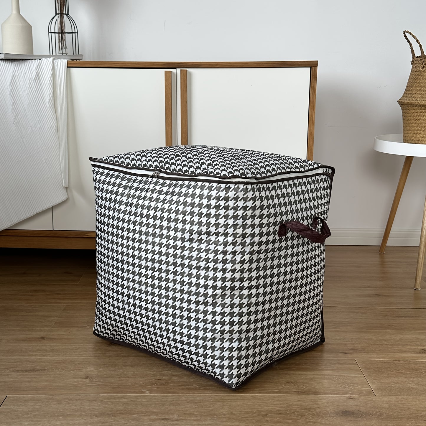 Large Capacity Houndstooth Print Storage Box with Zipper Closure - Dustproof, Foldable Organizer for Clothes, Blankets, and Bedding - Ideal for Home, College, or Travel Essentials, Travel Essentials Organizer|Houndstooth Patt