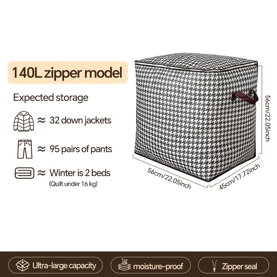 Large Capacity Houndstooth Print Storage Box with Zipper Closure - Dustproof, Foldable Organizer for Clothes, Blankets, and Bedding - Ideal for Home, College, or Travel Essentials, Travel Essentials Organizer|Houndstooth Patt