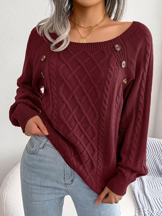 [Texture Lantern Sleeve Sweater] Round Neck Texture Lantern Sleeve Women's Sweater - Button Sweater